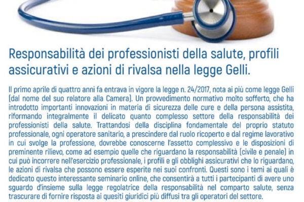 Ordine TSRM – PSTRP della Provincia di Foggia. Zoom webinar: “Responsabilità dei professionisti della salute, profili assicurativi e azioni di rivalsa nella legge Gelli”.