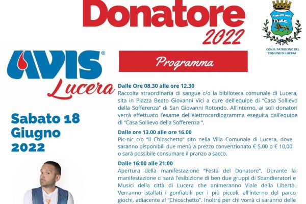 Avis di Lucera (Fg)  – Ordine TSRM PSTRP della Provincia di Foggia: “Festa del Donatore 2022”. Lucera (Fg) 18 giugno 2022.