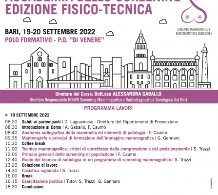 Evento formativo residenziale: “Accademia dello Screening – edizione Fisico -Tecnica”. Bari, 19 e 20 settembre 2022. Assegnati 16,9 (sedici,nove) crediti ecm per TSRM.