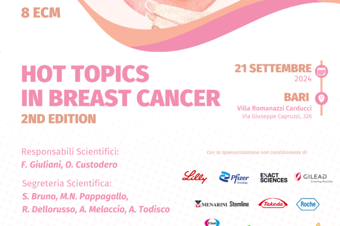 “Hot Topics in breast cancer 2nd edition”. Bari – 21 settembre 2024. Assegnati 8 (otto) crediti ECM per: TSRM; Dietista; Medico Chirurgo; Fisioterapista; Infermiere; Biologo; Psicologo.